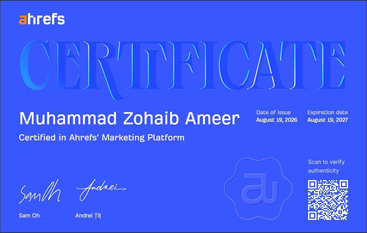 Certified in Ahrefs' Marketing Platform certificate, Muhammad Zohaib Ameer