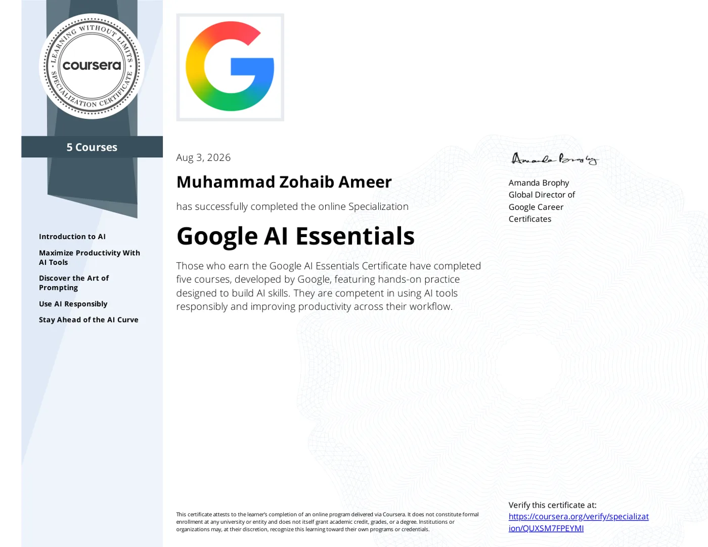 Google AI Essentials certificate, Muhammad Zohaib Ameer