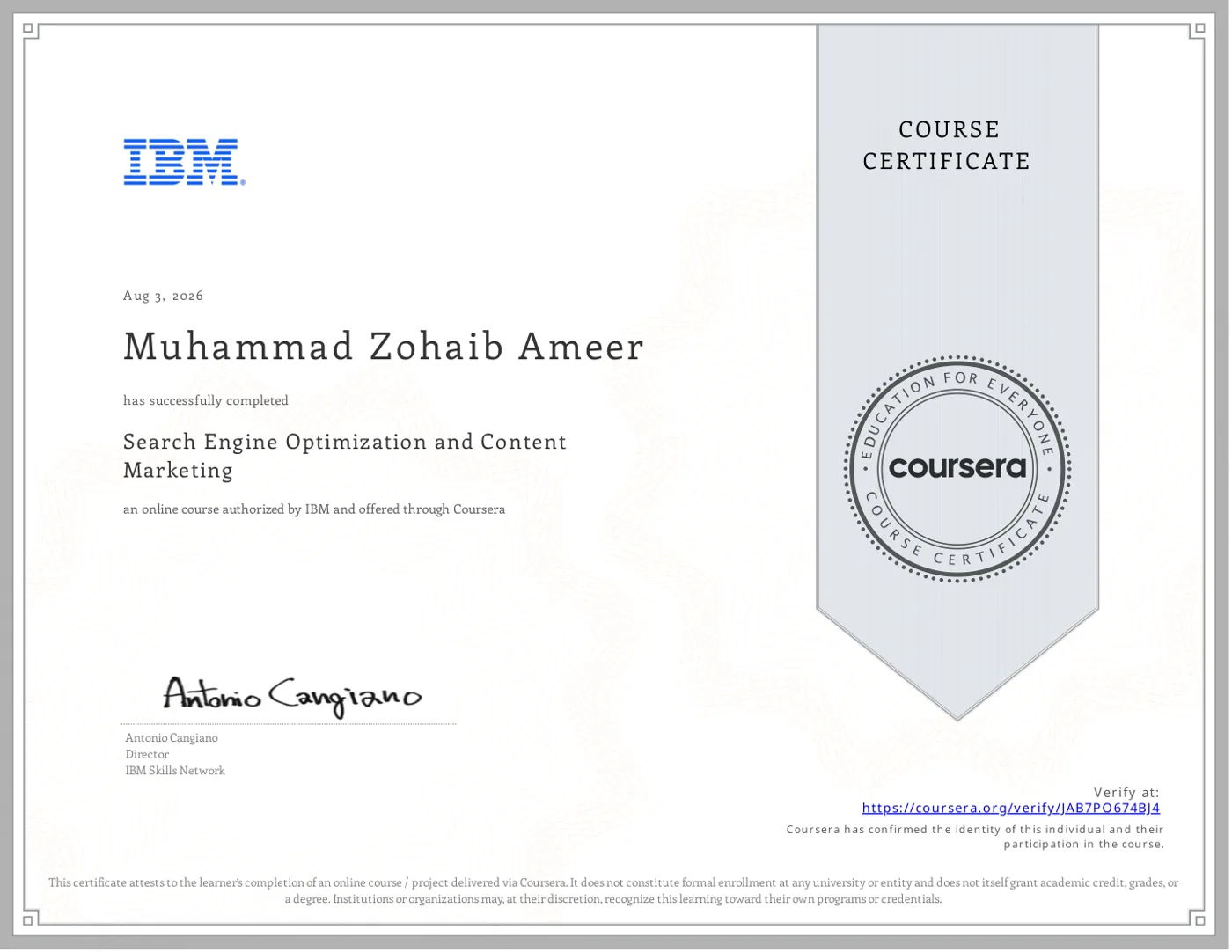 Search Engine Optimization and Content Marketing course certificate