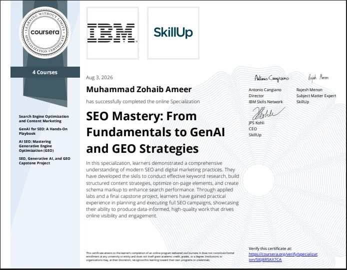 SEO Mastery: From Fundamentals to GenAI and GEO Strategies certificate, Muhammad Zohaib Ameer