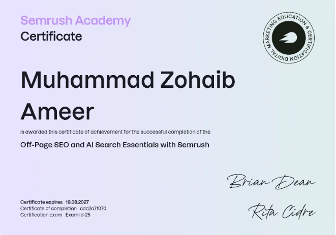 Off-Page SEO and AI Search Essentials with Semrush certificate, Muhammad Zohaib Ameer