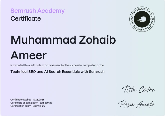 Technical SEO and AI Search Essentials with Semrush certificate, Muhammad Zohaib Ameer