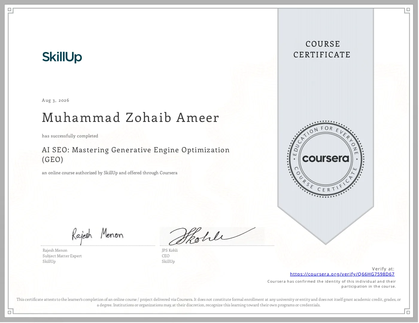 AI SEO: Mastering Generative Engine Optimization (GEO) course certificate