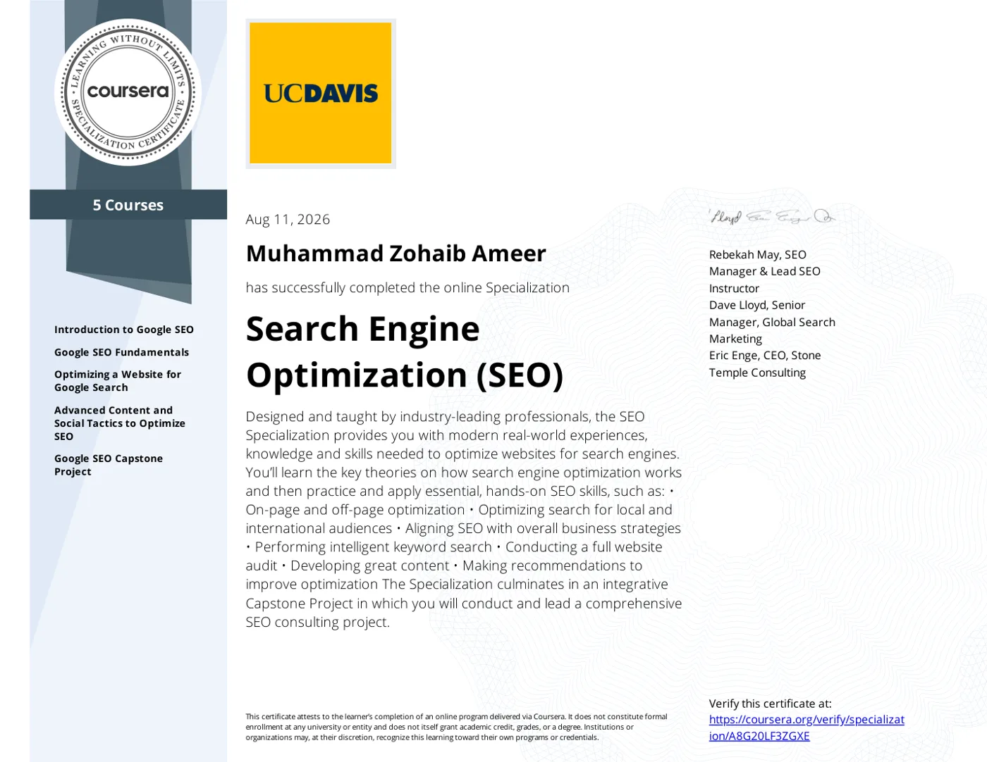 Search Engine Optimization (SEO) Specialization certificate, Muhammad Zohaib Ameer